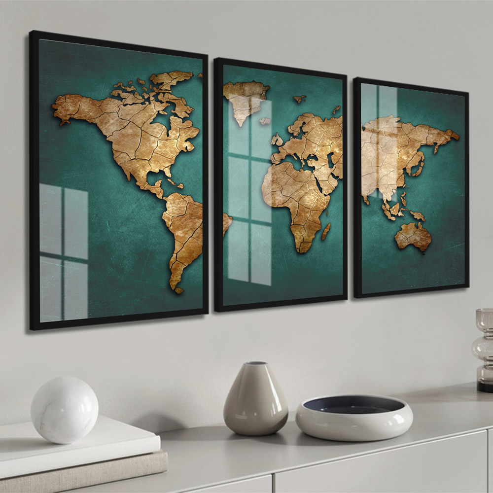 Kit 3 Quadros Decorativos Mapa Mundi Moderno com Moldura de Vidro