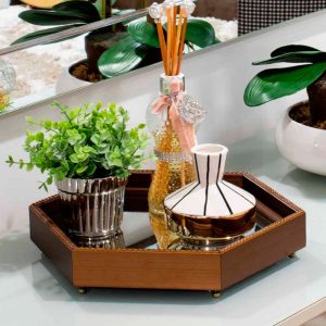 Bandeja Espelhada Decorativa Hexagonal Cobre com Pés Metálicos